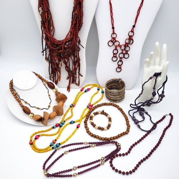 Jewelry Lot Natural Brown Colorful Wood Mixed Materials Necklaces Bracelets - Picture 1 of 12
